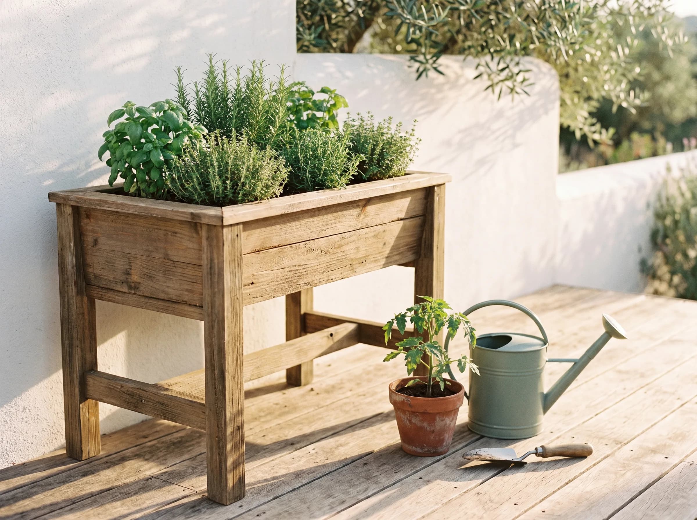 An elevated wooden planter box of herbs on a sunlit terrace, with a watering can and hand trowel beside it