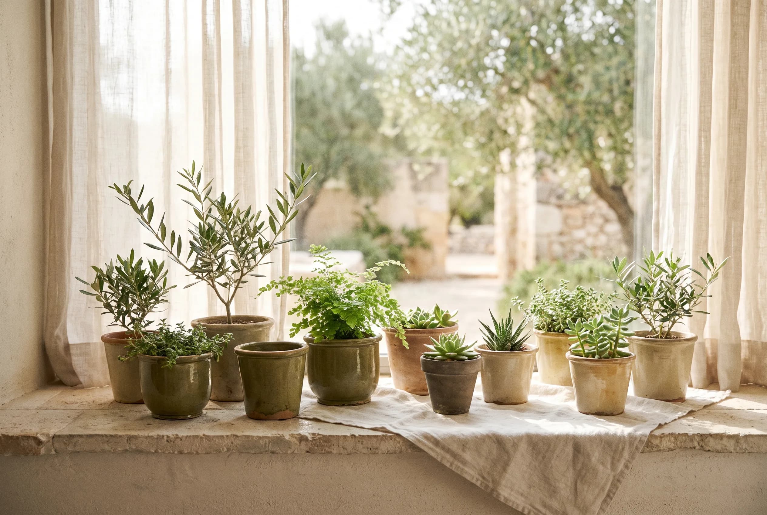 A cluster of small potted green plants in ceramic and terracotta pots on a pale stone surface