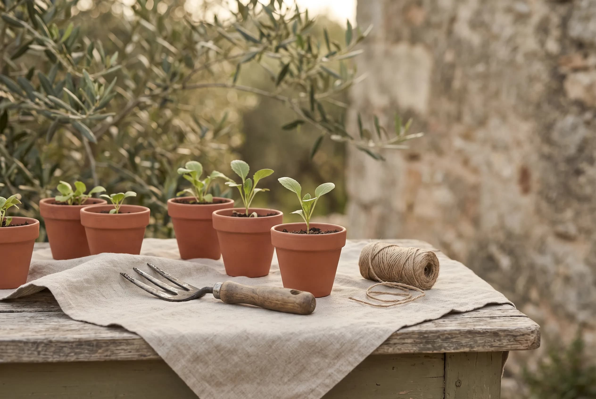 Young seedlings in small terracotta pots on a wooden table beside a hand fork and a coil of garden twine