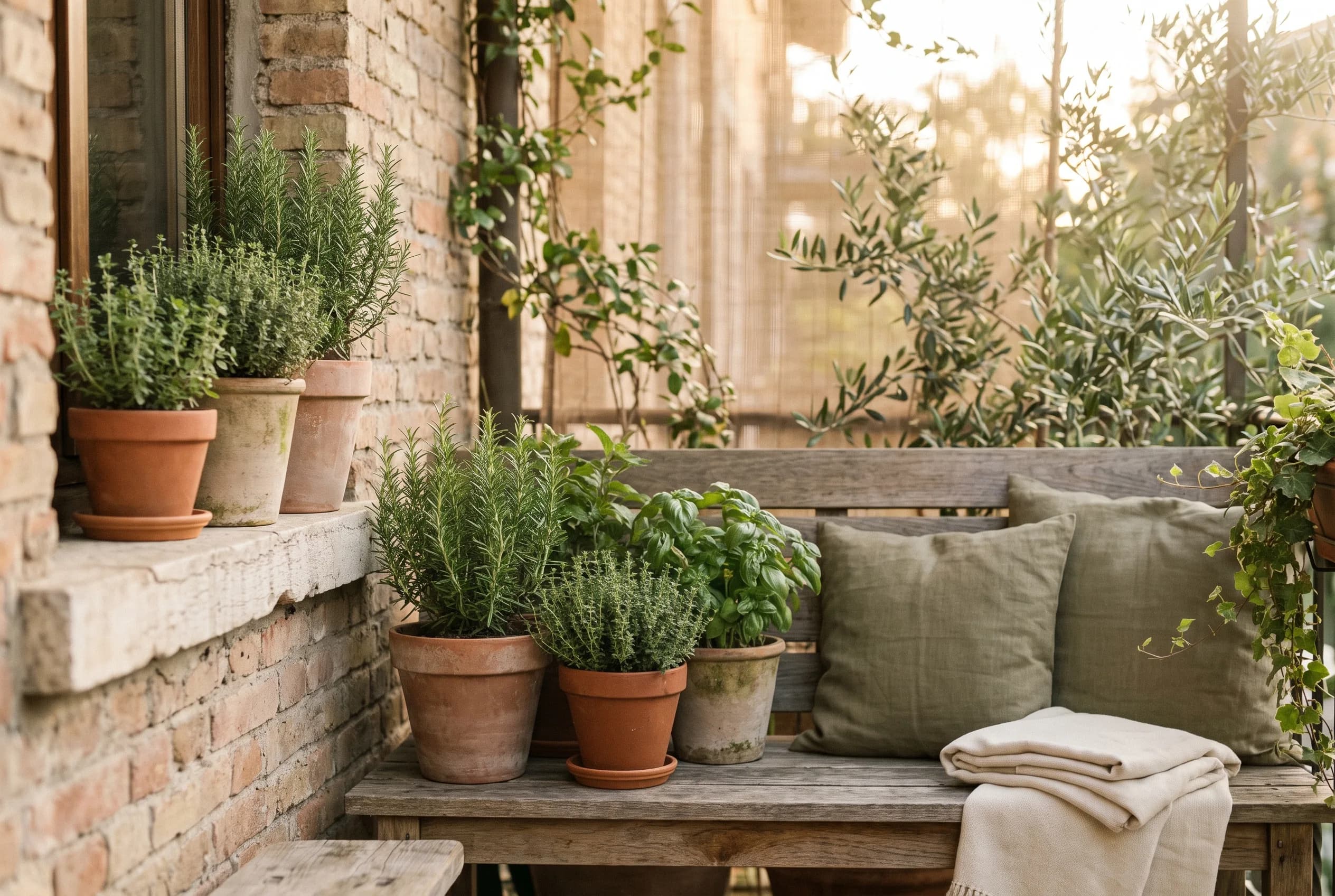 A small urban balcony garden with potted herbs and leafy plants along a windowsill and a low wooden bench