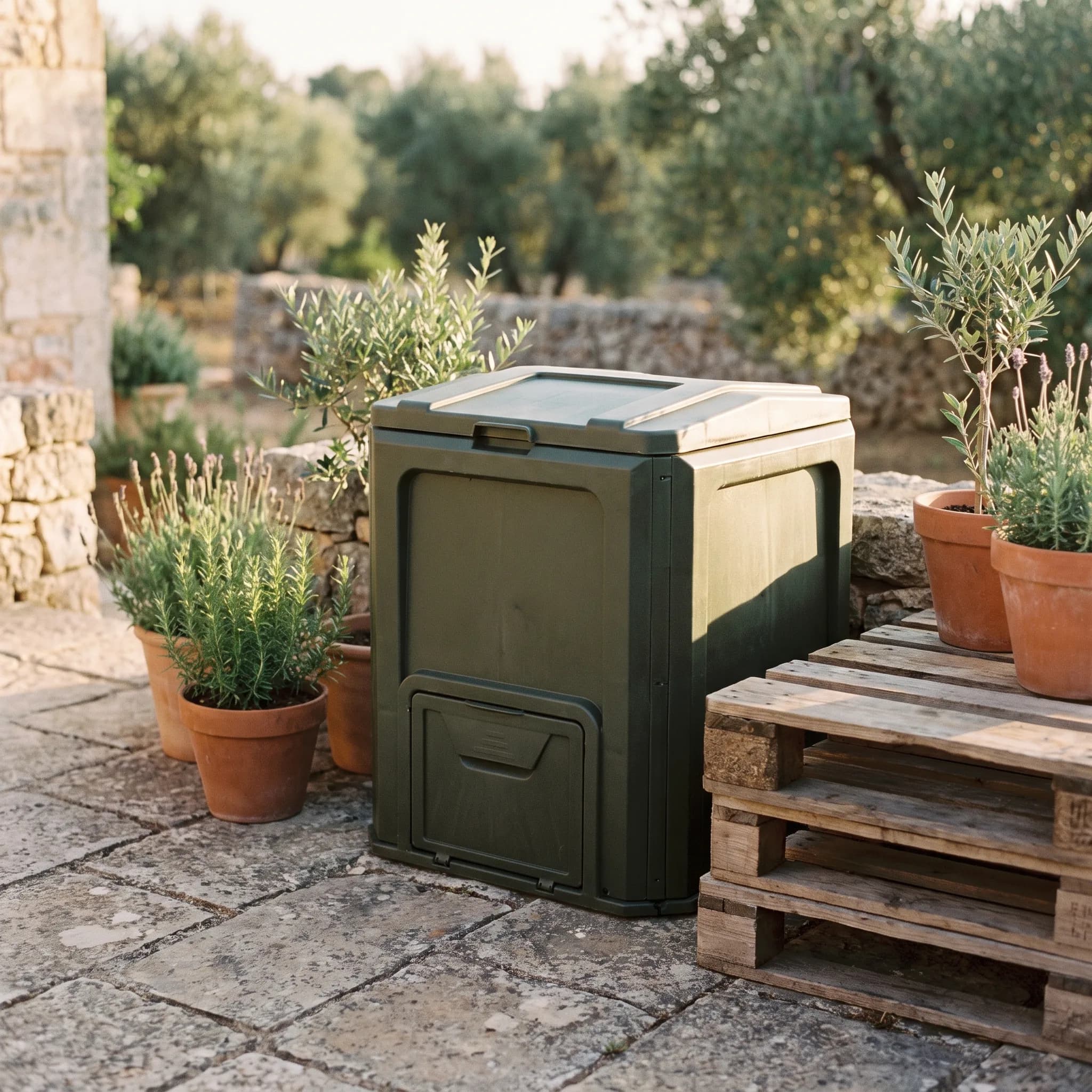 Dark olive-green composter bin with a hinged lid and front hatch on a stone patio beside wooden pallets and potted plants
