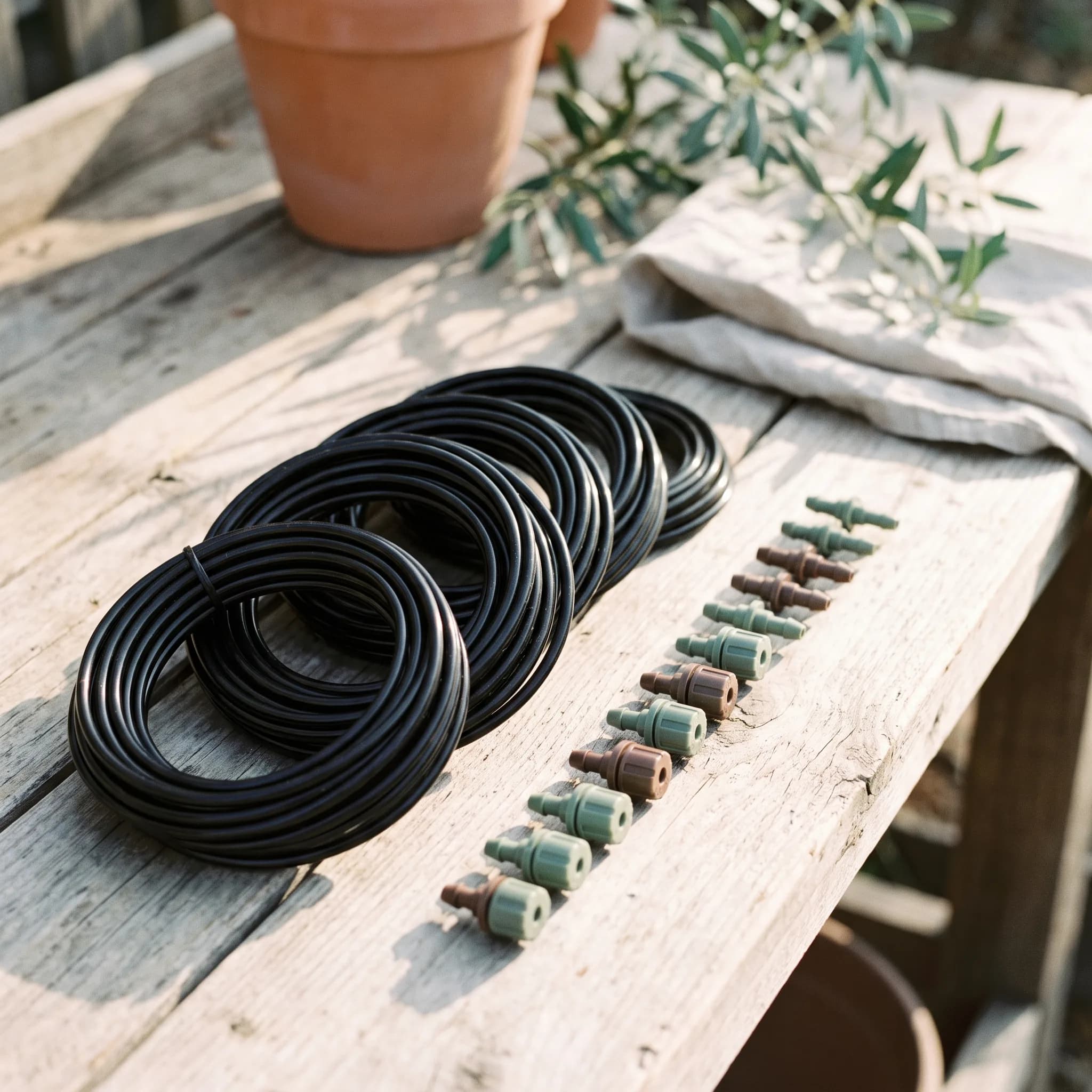 Automatic drip irrigation kit laid out on a weathered wooden surface: coiled black micro-tubing, drip emitters and green connectors