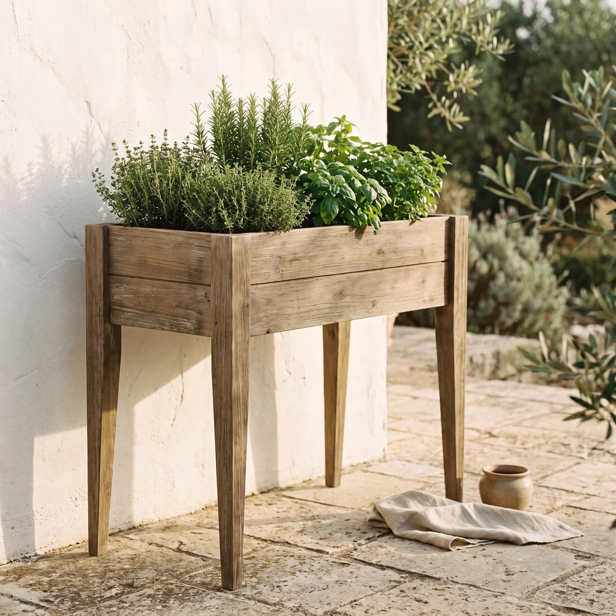 Raised wooden planter box on tapered legs filled with fresh green herbs against a whitewashed wall