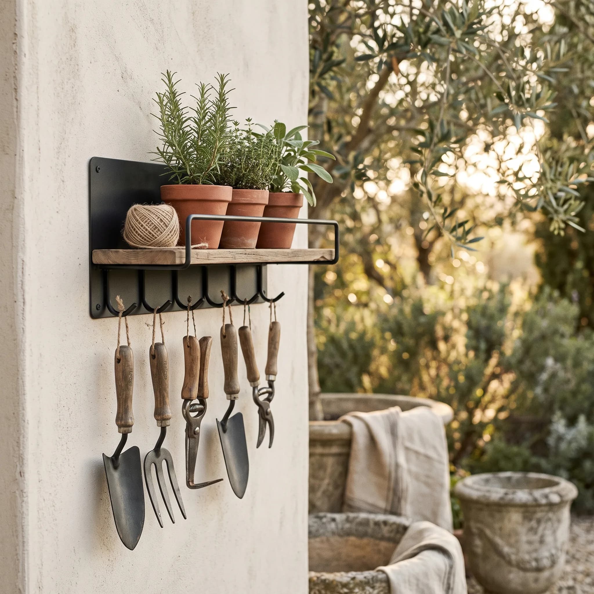 Wall-mounted garden tool organizer in black steel with a wooden shelf, holding hand tools with wooden handles, small potted herbs and a coil of twine