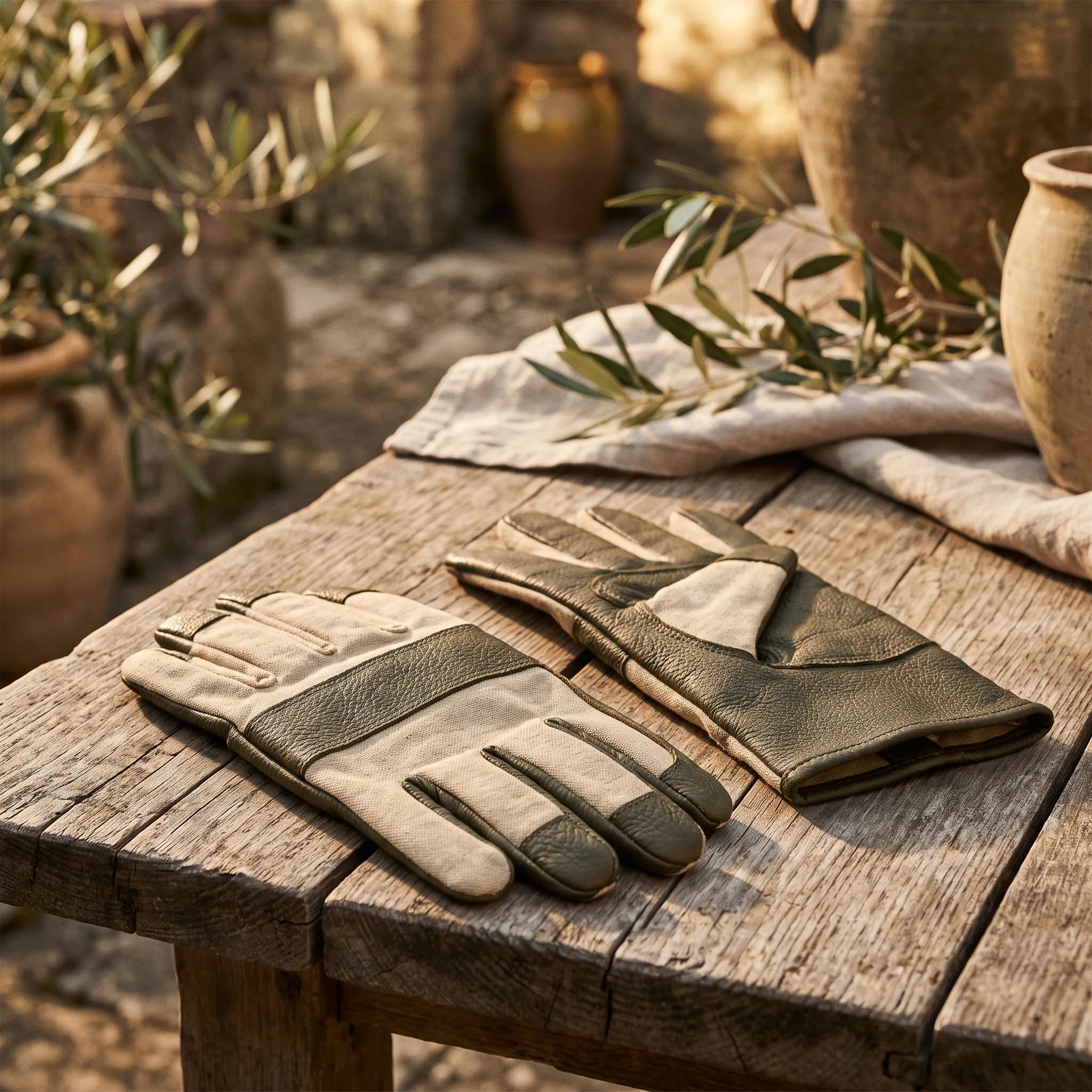 Pair of gardening gloves in natural canvas with dark olive-green textured palms on a wooden surface