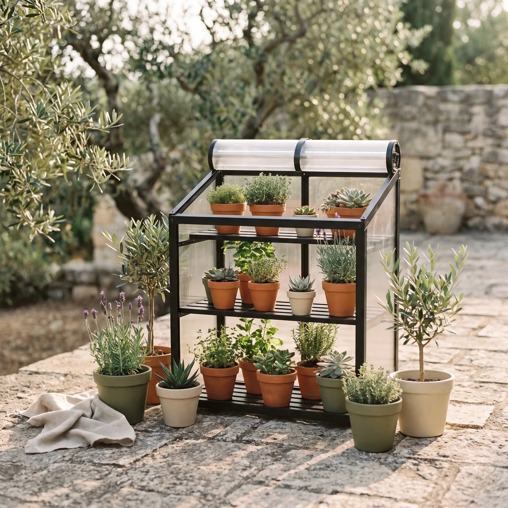 Compact terrace mini greenhouse with a black frame and clear cover, doors open, three tiers of small potted plants inside