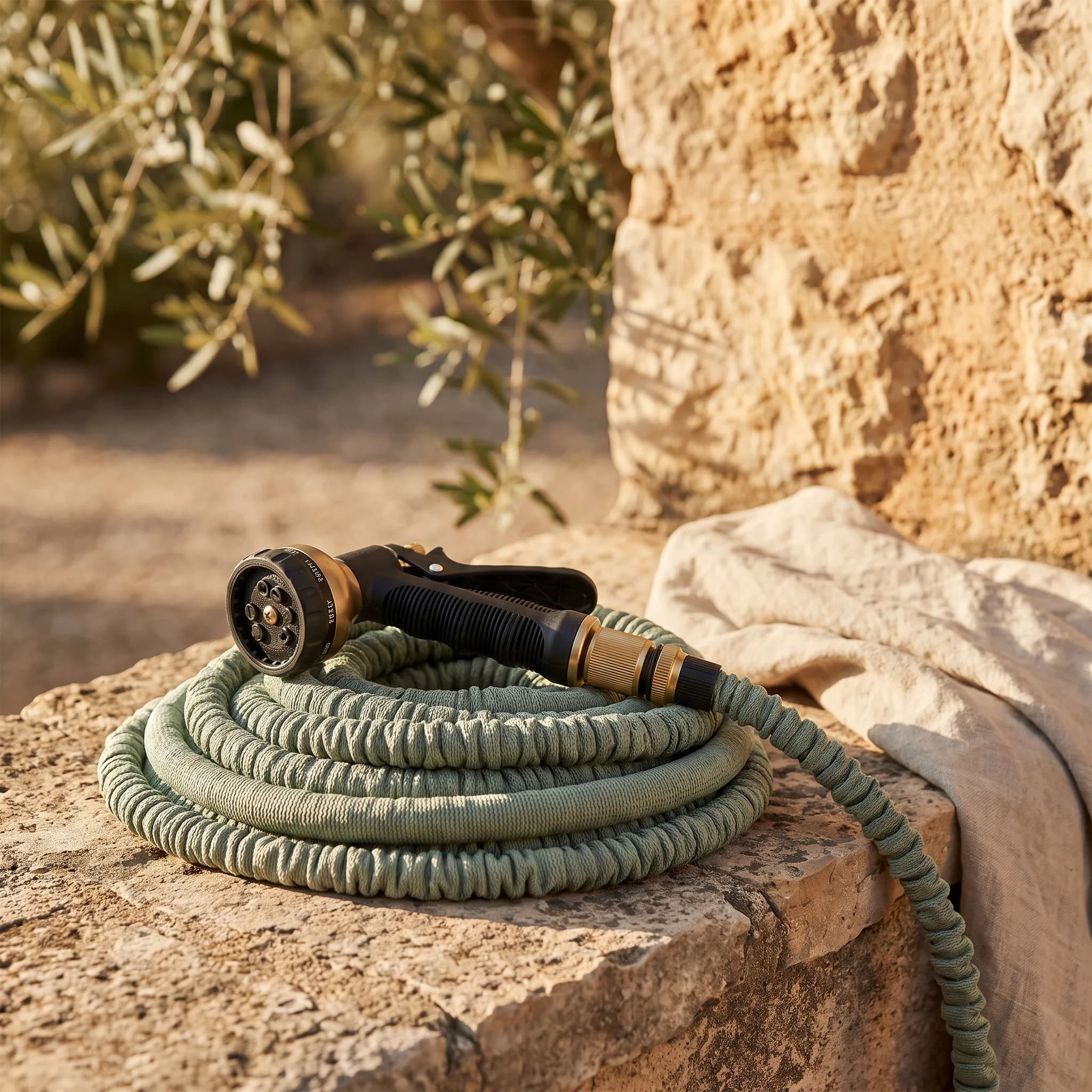 Sage-green expandable garden hose coiled on a stone ledge with a black and brass spray nozzle attached