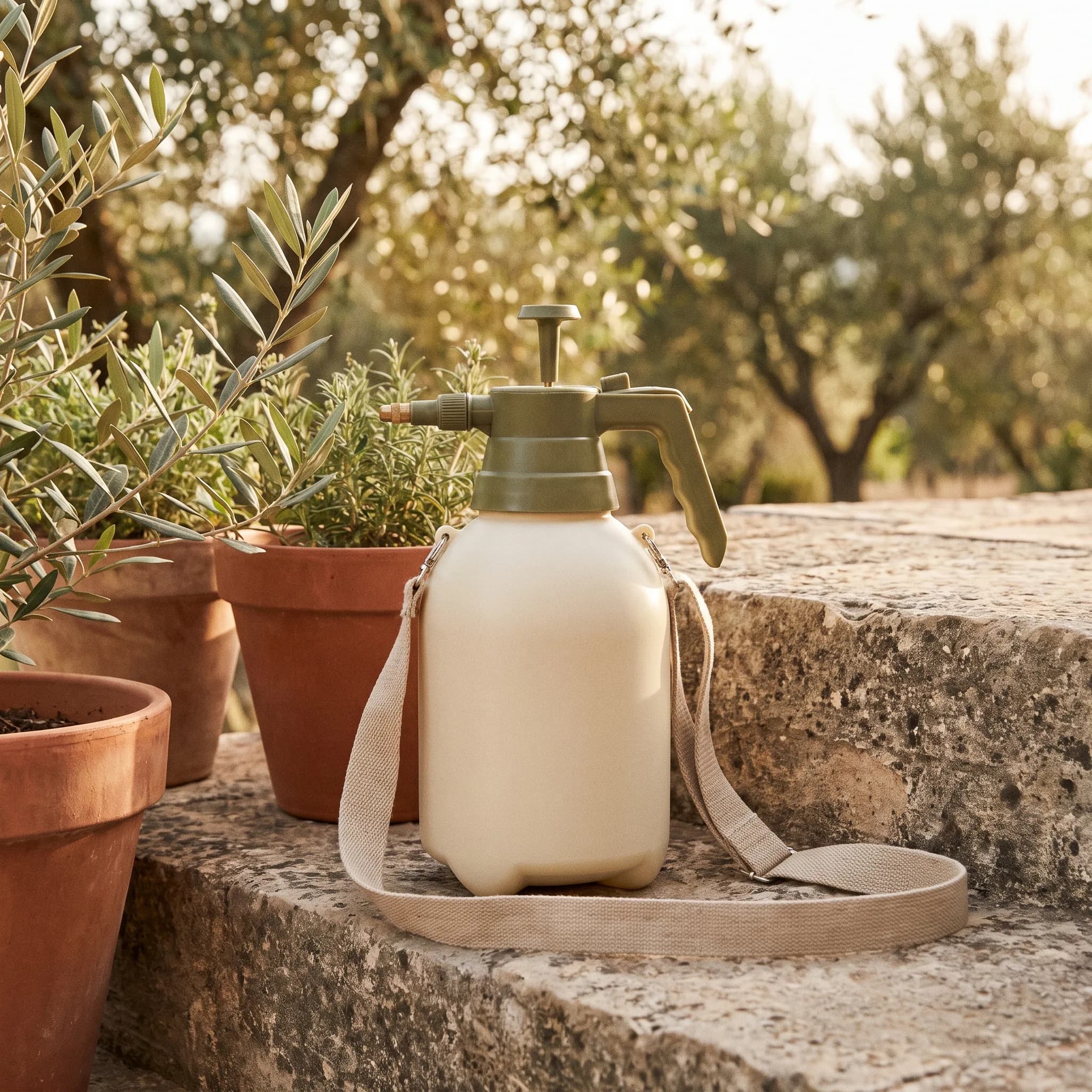 Hand pressure sprayer with a cream tank, olive-green pump head and shoulder strap on a stone step beside potted plants