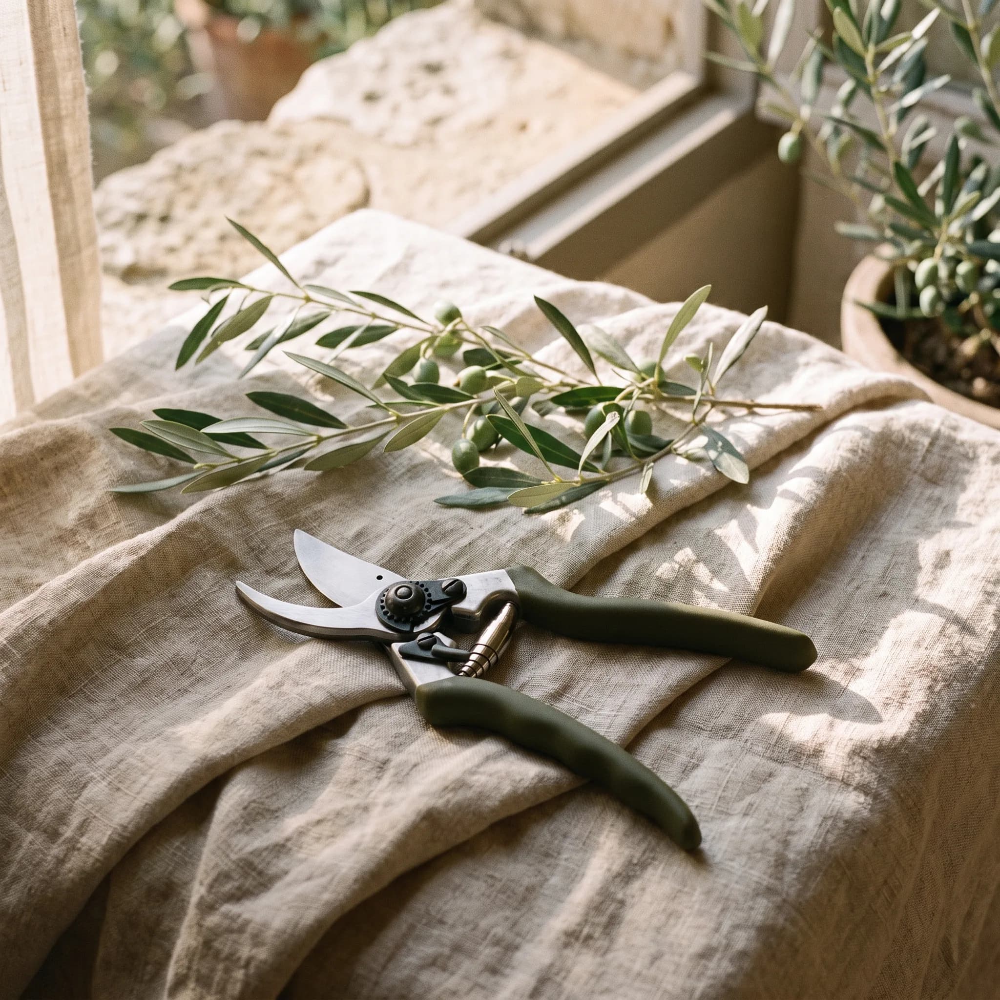 Bypass pruning shears with olive-green handles and a polished steel blade resting on natural linen