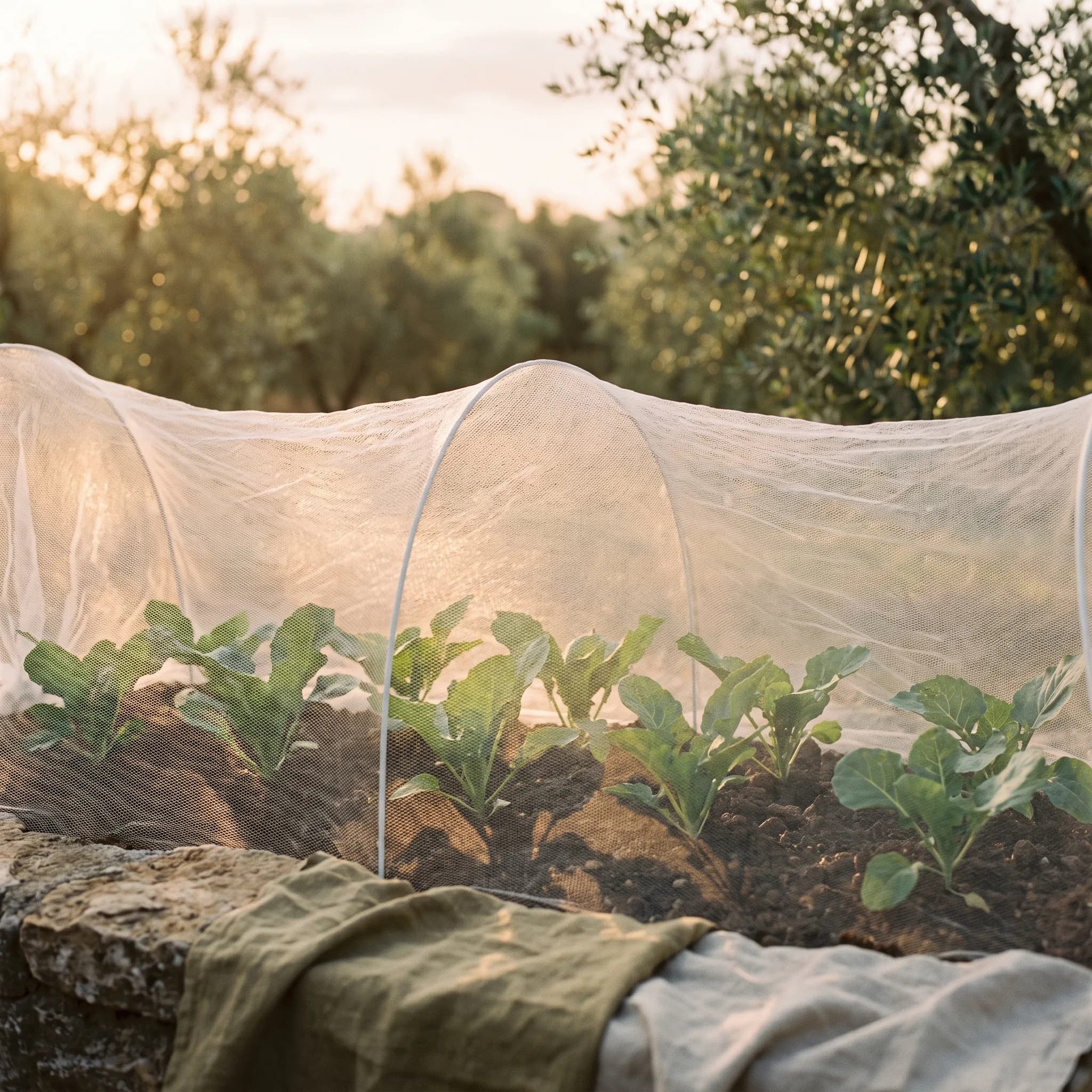 Fine white protective mesh netting draped over a row of young leafy plants in dark soil with morning light through the mesh