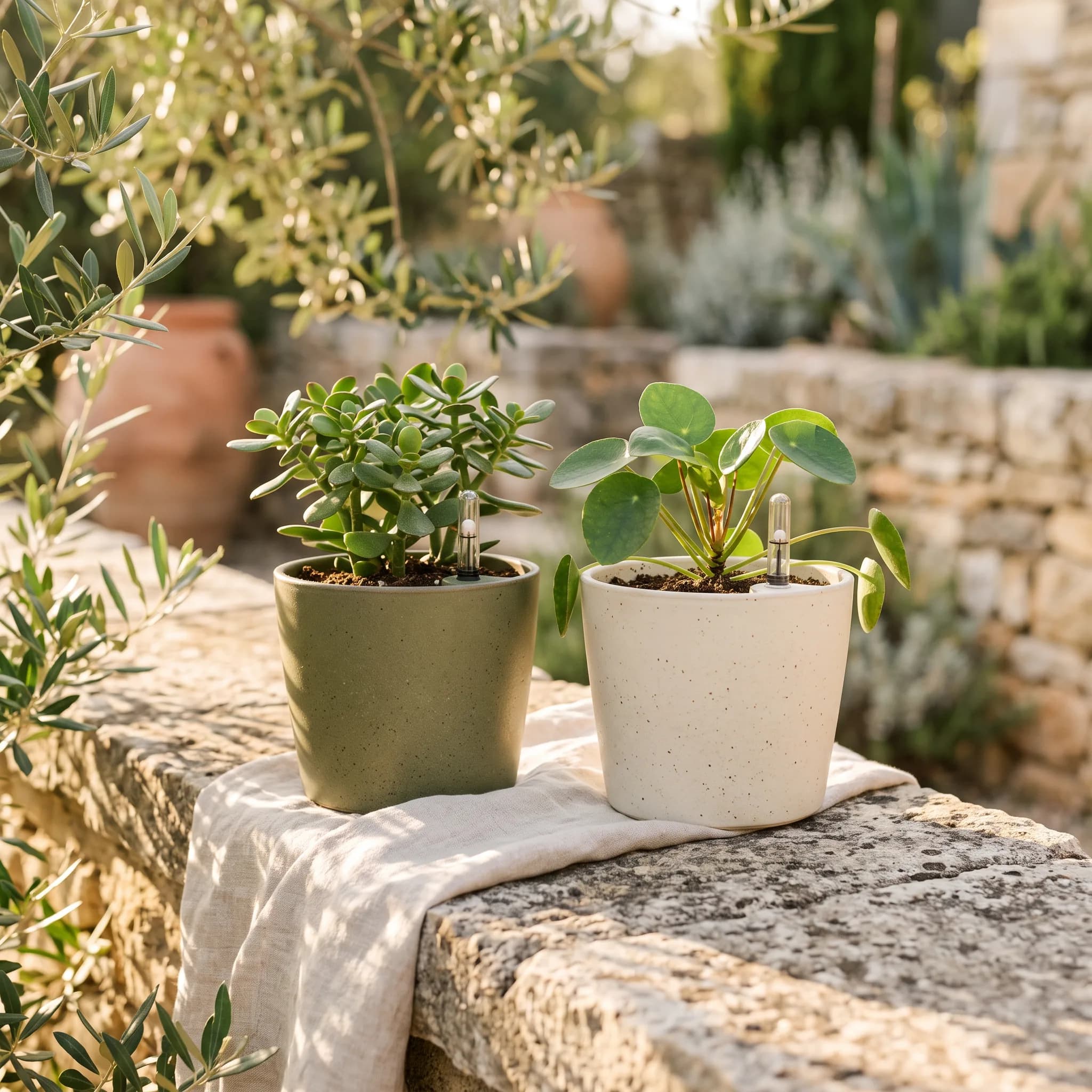 Two self-watering planters side by side, one olive green and one cream, each with a water level indicator and a small green plant