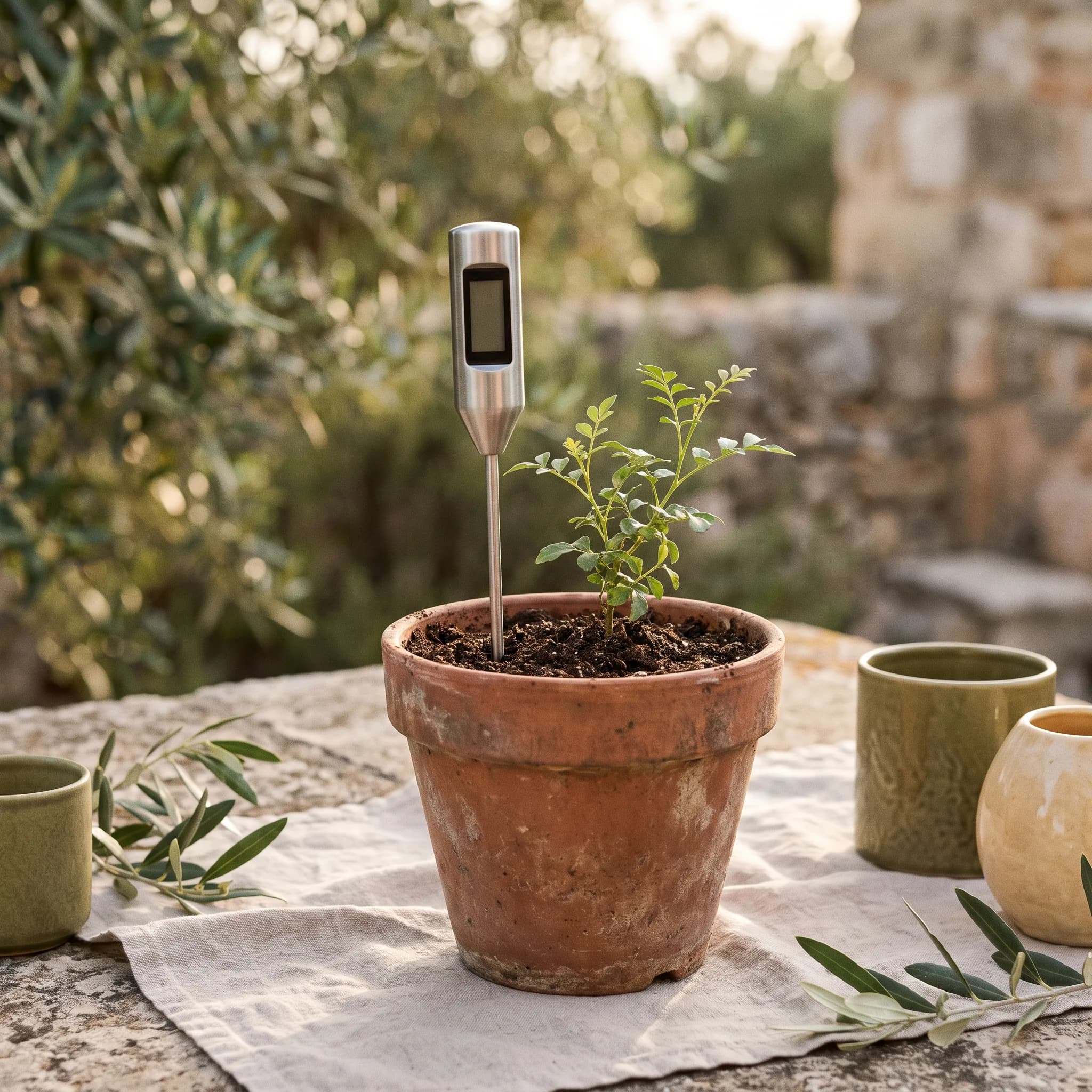 Slim digital soil meter with a dark LCD screen and stainless probe inserted into the soil of a terracotta pot